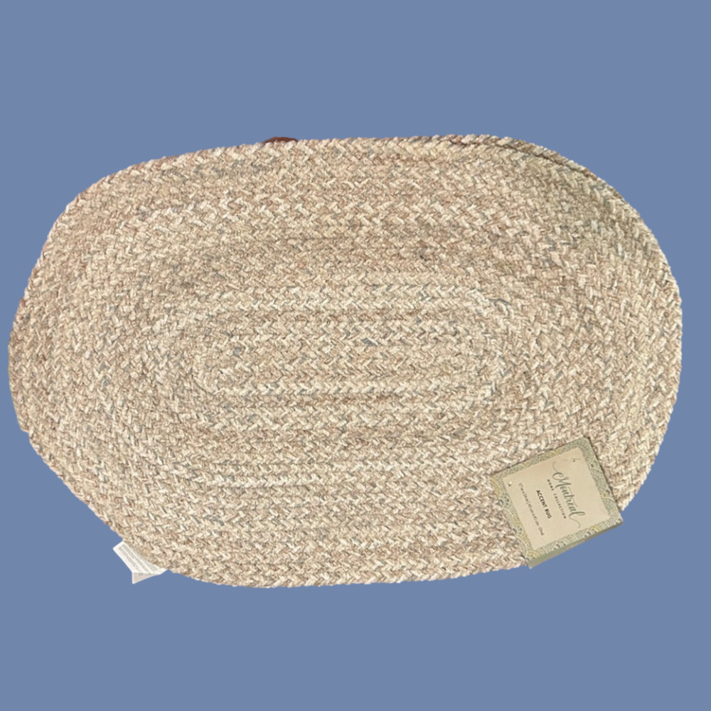 Beach Tan White Blue Braided Oval Jute Rug Natural Beige + Blue New Size 17 x 24
